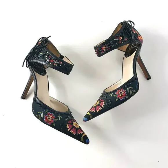 Vintage Dior SS 2002 Floral Print Bow Detail Pointed Toe High Heel Pumps 38 - Picture 3 of 8